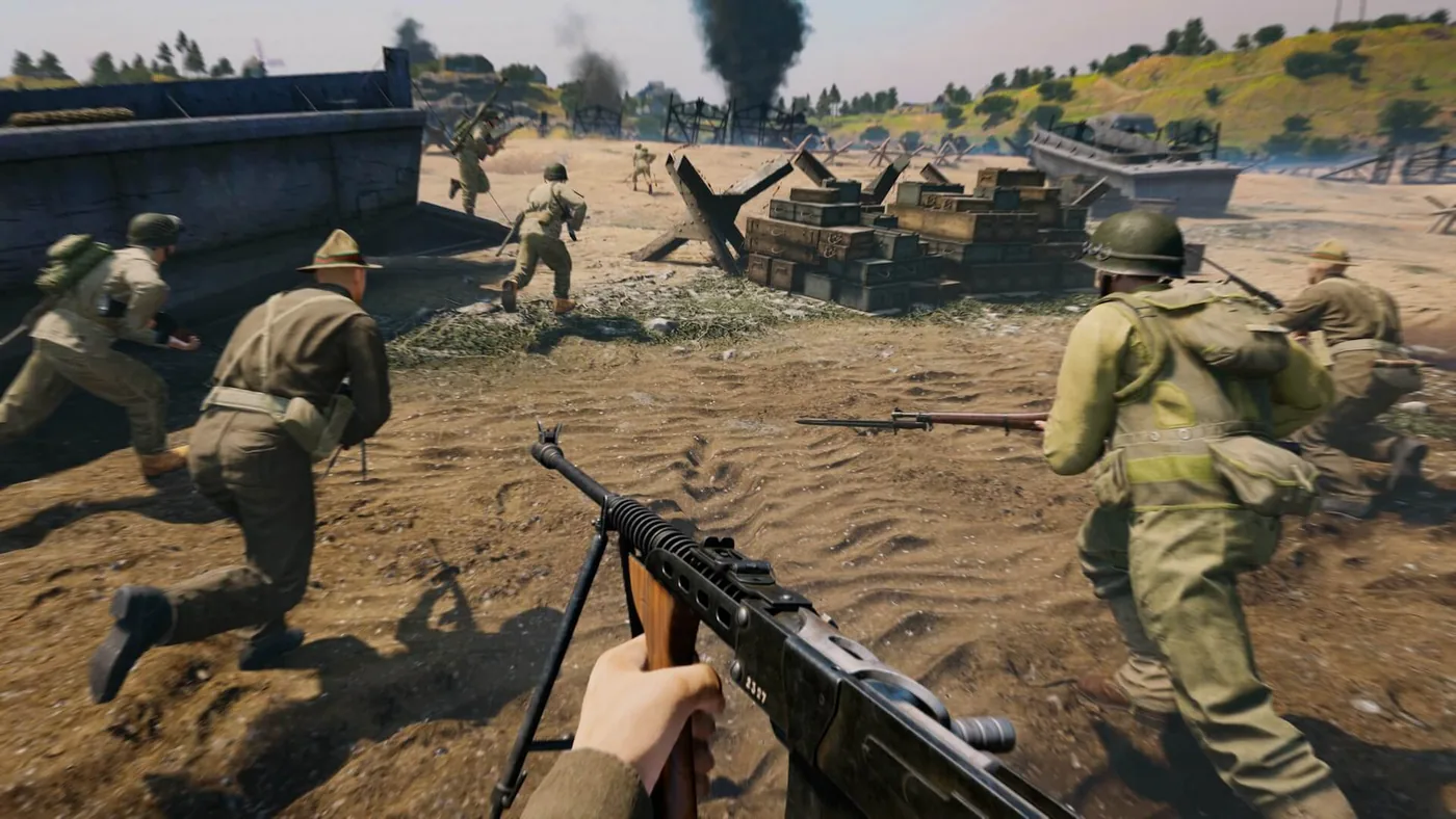 Enlisted WWII battlefield panorama with soldiers and vehicles in combat
