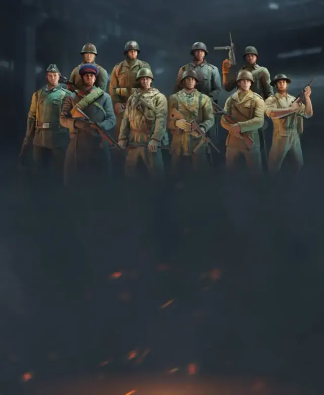 Enlisted shop background with WWII soldiers and battlefield atmosphere